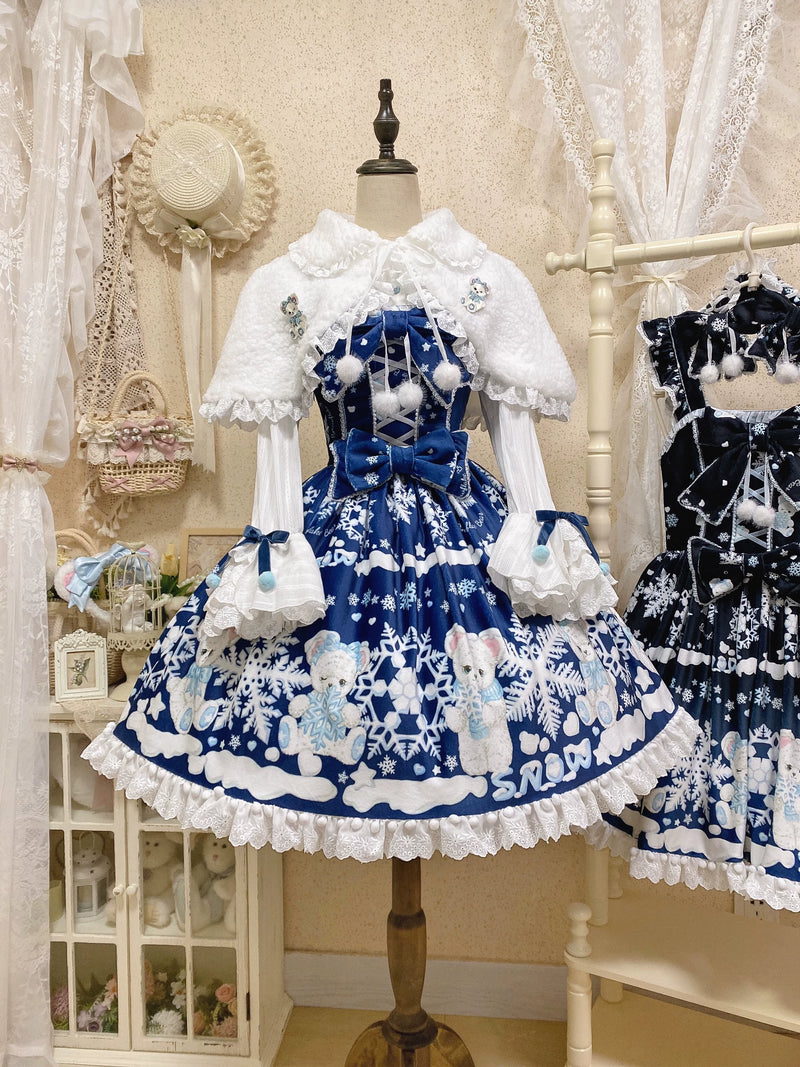 Snowflake Bear Lace-Trim Plush Lolita JSK — Navy Full Set 2 - JSK + Blouse + Cape + Headbow (KC)