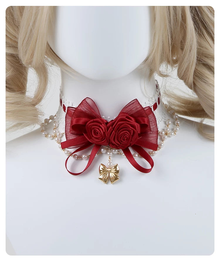 Independent Brand - Rose & Pearl - Lace Collar Necklace with Roses, Bows and Pearl Chain