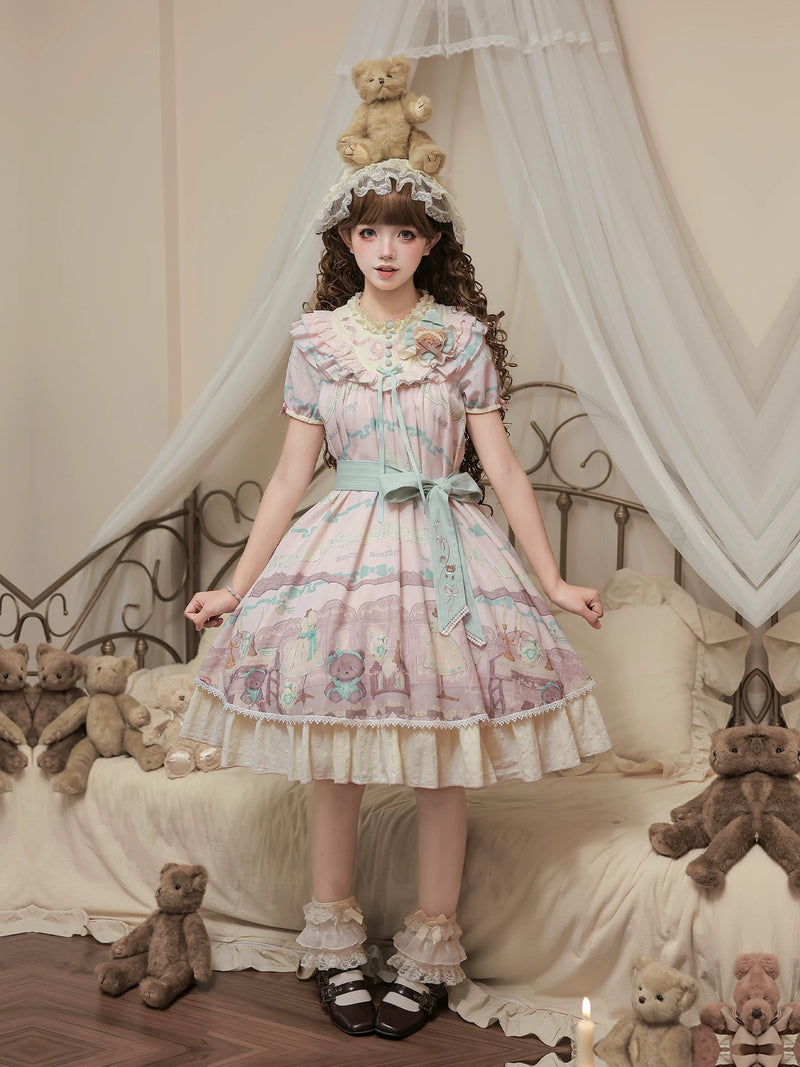With PUJI - Brown Dollhouse SP - Kawaii Lolita Dollhouse Printed OP Dress with Embroidery detail view 4