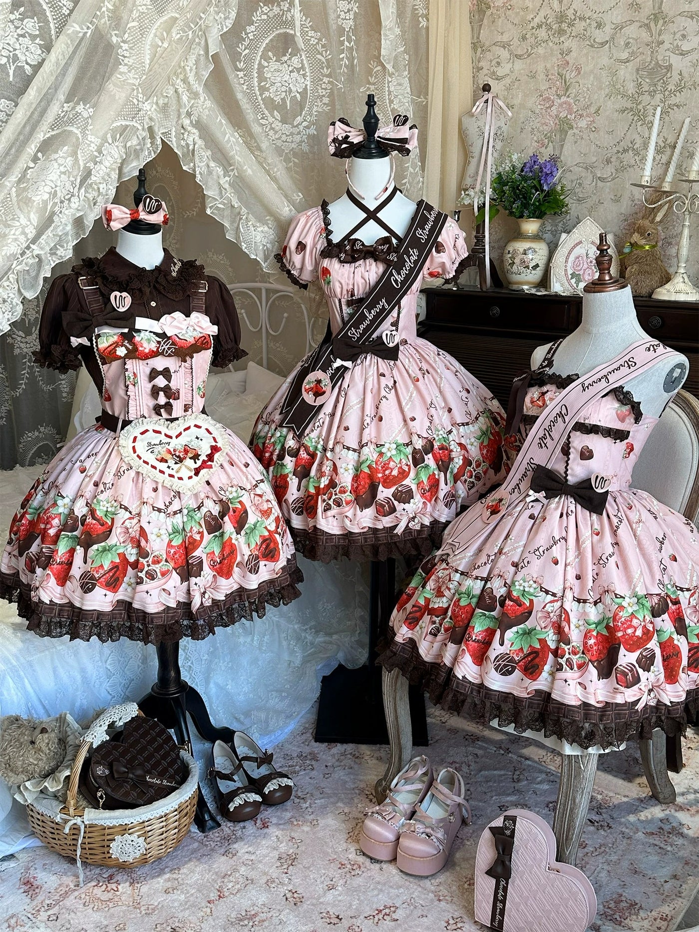 DreamWhale - Strawberry Chocolate Lovers - Sweet Lolita Embroidered Printed Accessory
