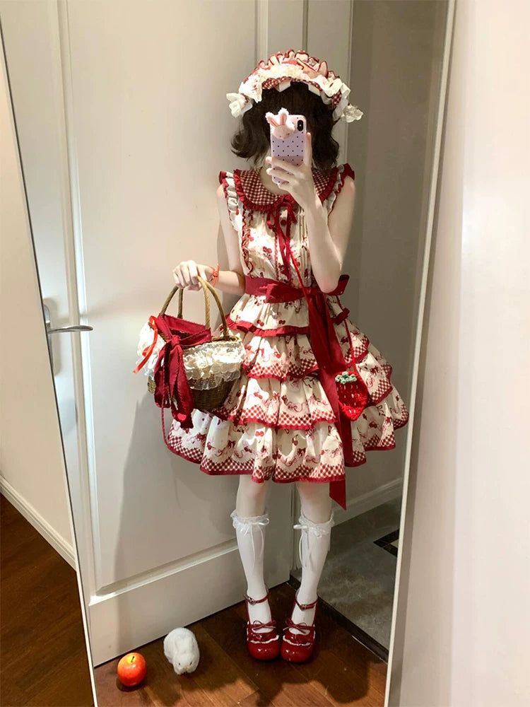 Dream Bunny - The Cherries Are Ripe - Cherry-Print Lolita Fashion Set with Gingham Ruffles