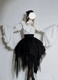 Nether Butterfly – Plus Size Gothic Lolita Set - Black-white set with petticoat: princess-sleeve blouse + lower skirt + bow tie / S