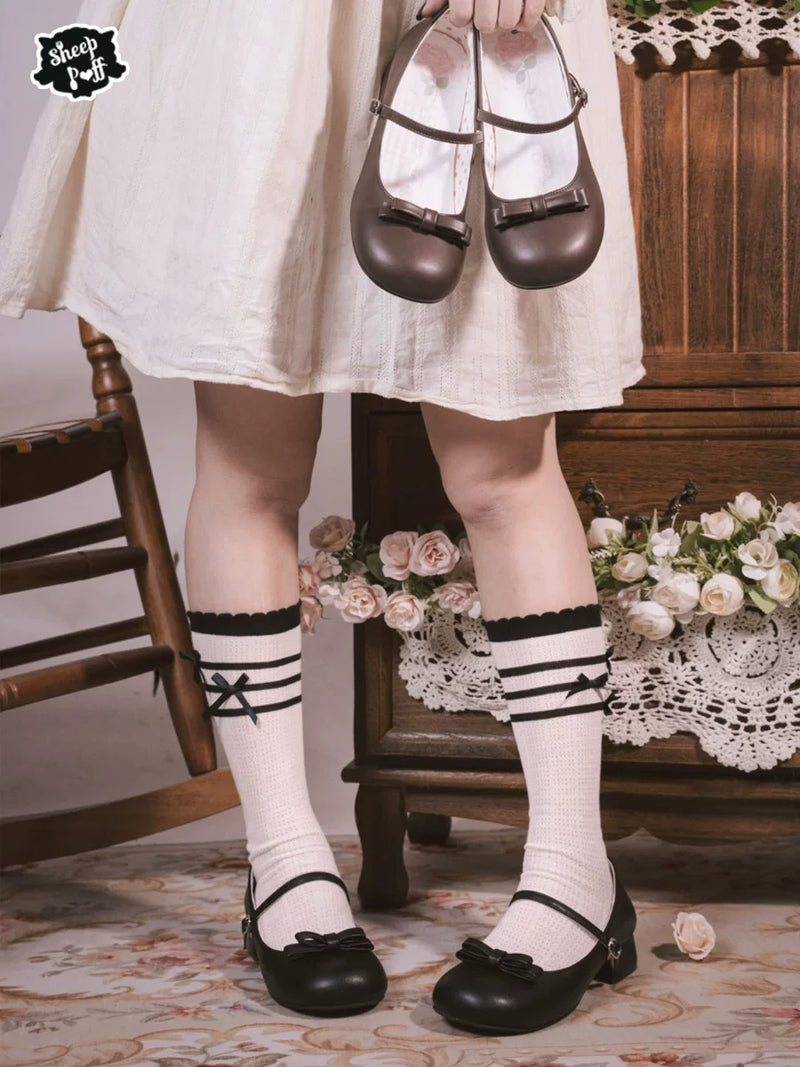Sheep Puff porcelain doll-inspired low heel Lolita shoes featuring cute sheep puff design and detailed craftsmanship.
