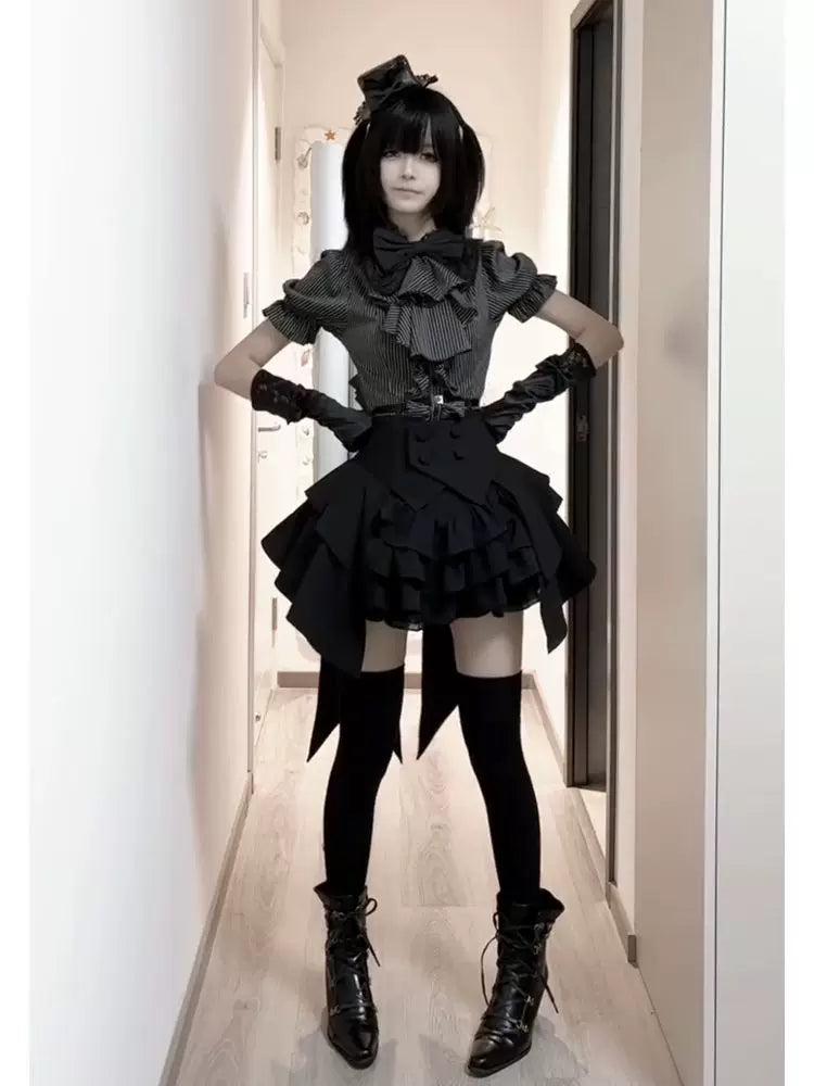 Creamy - Dark Gothic Stripe Layering - Blouse set with a striped shirt and waist cincher