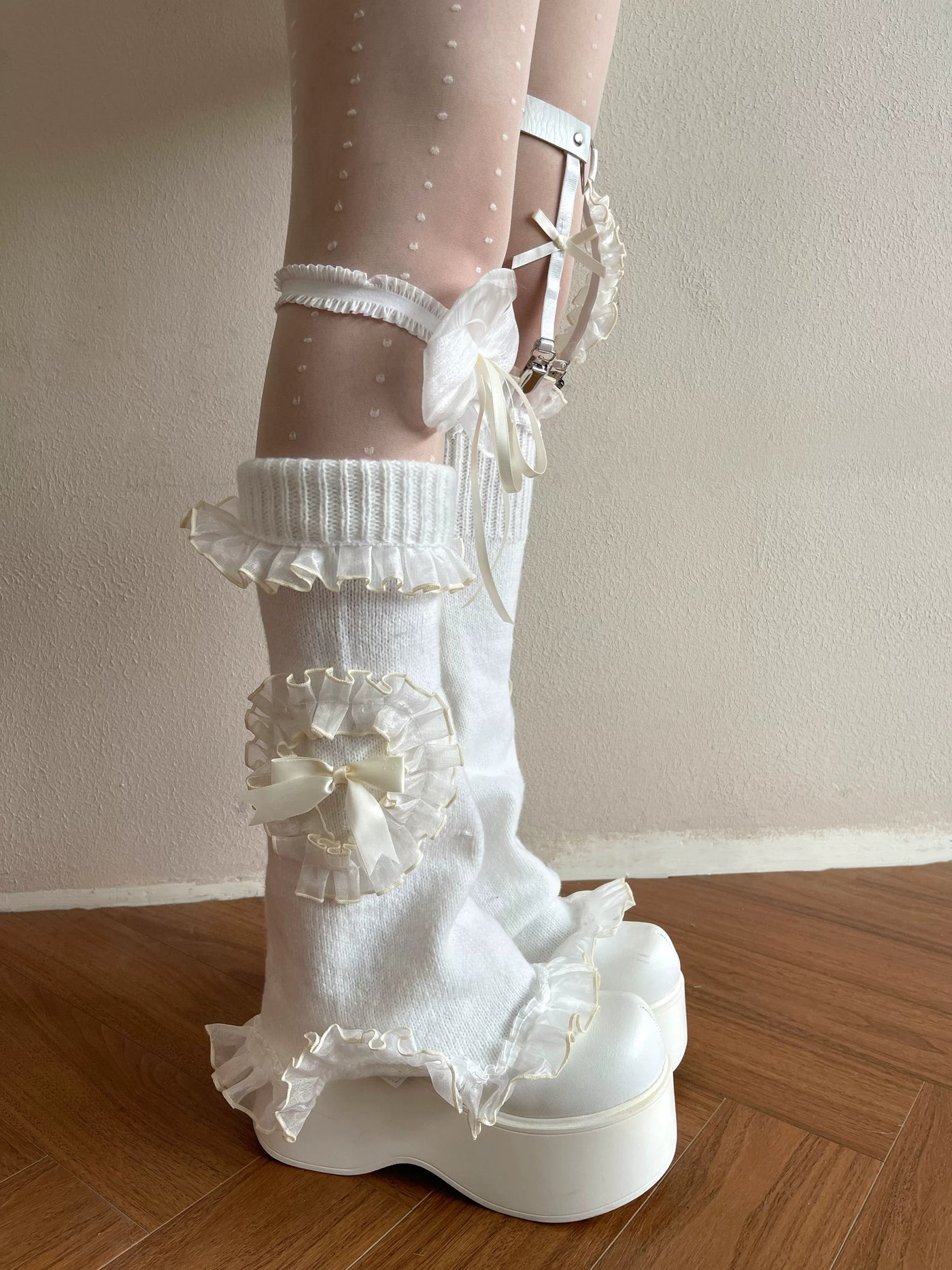 Sock Noble - Cream Ruffle Layers - Dotted Tights, Sock Cover and Bow Leg Ring Options with Ruffled Lace Details