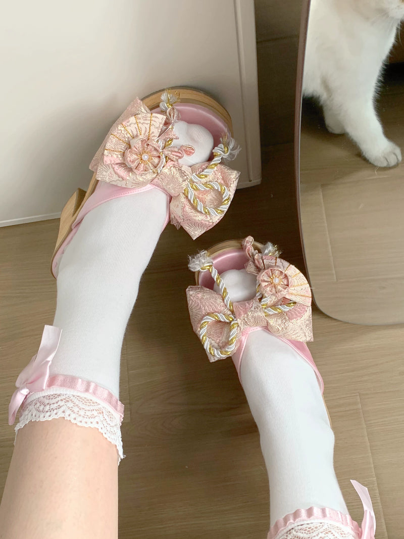 Aimee Fireworks Festival Lolita shoes — pink sandal worn with a lace-trimmed sock