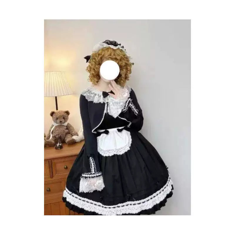 Sweetheart Dream Machine - Doll-Collar Ice-Silk Layer - White or Black Long-Sleeve Outer Layer with Lace Trim