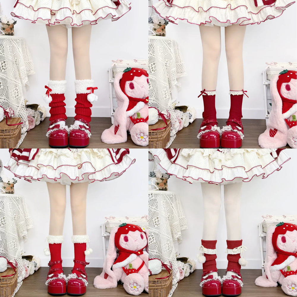 Red socks and sock covers with pom-poms, bows, plush trim and lace shown in a collage.
