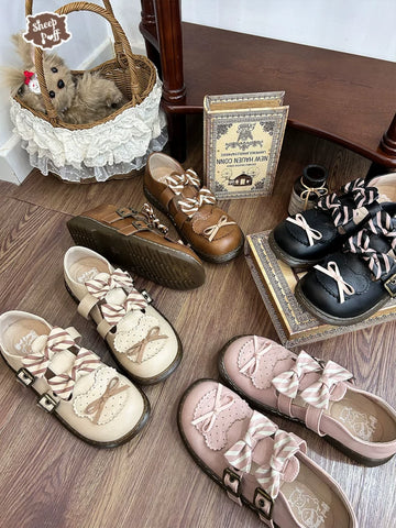 Sheep Puff Sniper Low Heel Lolita Shoes with sheep puff bear design in soft pastel colors, featuring a low heel and lace-up style.