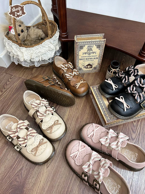 Sheep Puff Sniper Low Heel Lolita Shoes with sheep puff bear design in soft pastel colors, featuring a low heel and lace-up style.