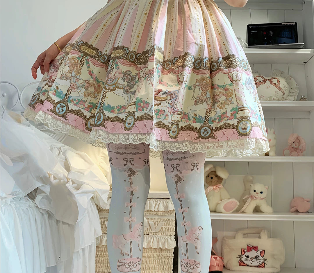 roji roji - Dream Horse - Carousel-Print Tights with Bow and Star Motifs