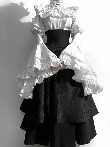Creamy - Black-and-White Gothic - Blouse and Skirt Set with Ruffled Sleeves