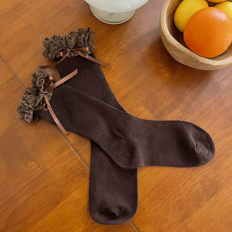 Sock Noble - Ruffle Bow - Scrunched Mid-Calf Socks with Ruffled Lace Cuffs
