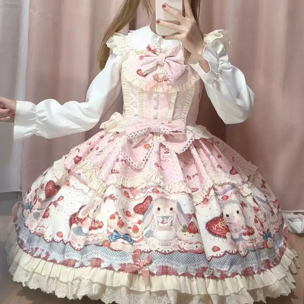 Sweetheart Dream Machine - Cute Rabbit Party - Rabbit-and-Cake Print JSK Dress with Cream Ruffles