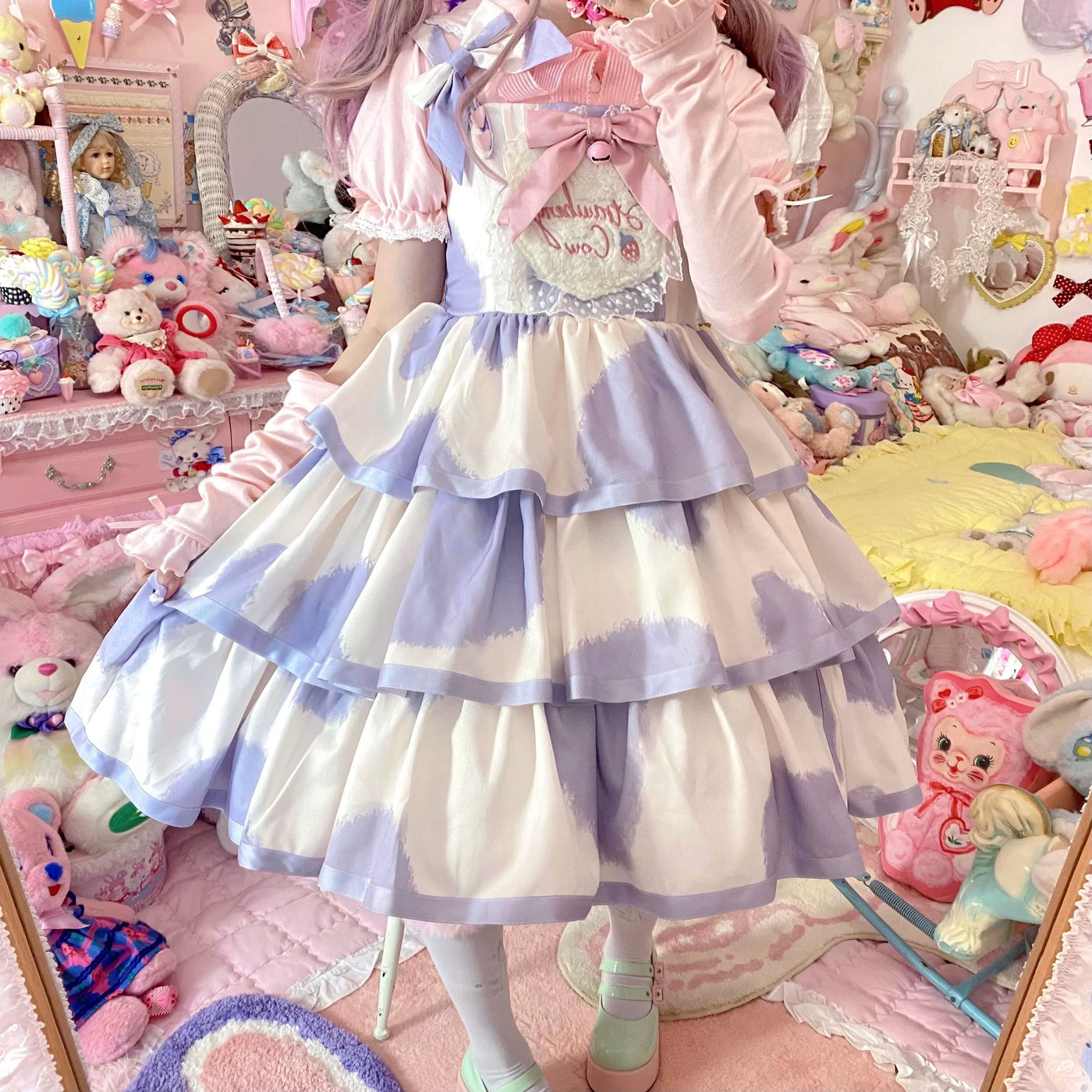 Tata Long Ear - Milk Cake Cow Print - Cow-Print JSK Dress with Three-Section Skirt