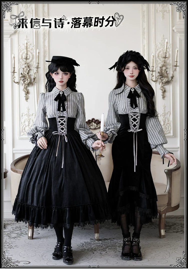 With PUJI - Dusk Moment - Classic Lolita Striped OP & Mermaid Dress Set, Fishbone Waist detail view 6