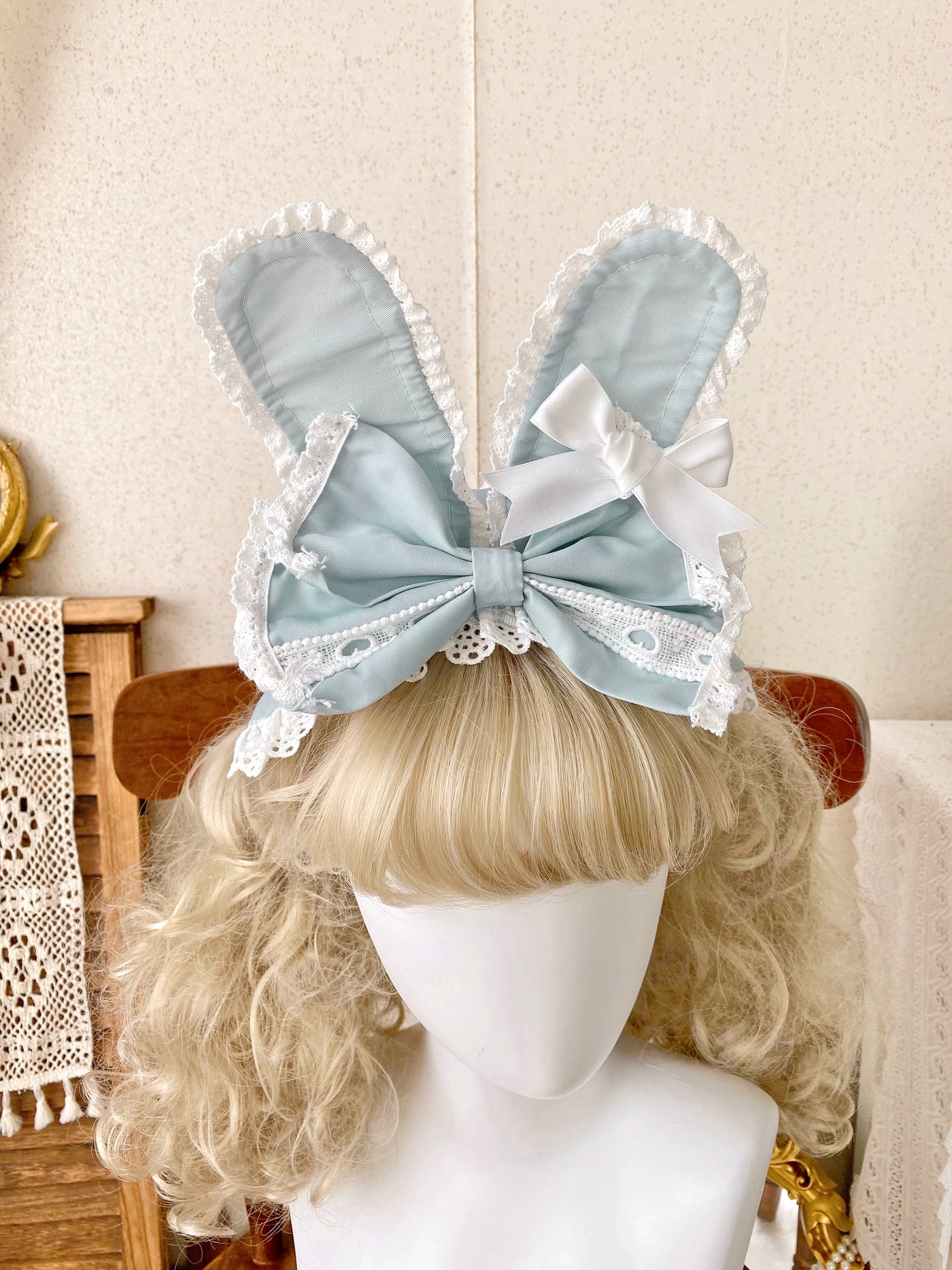 Cat Upon Cat - Pastel Rabbit - Rabbit-Ear Cake Hat or Headband with Lace Edging