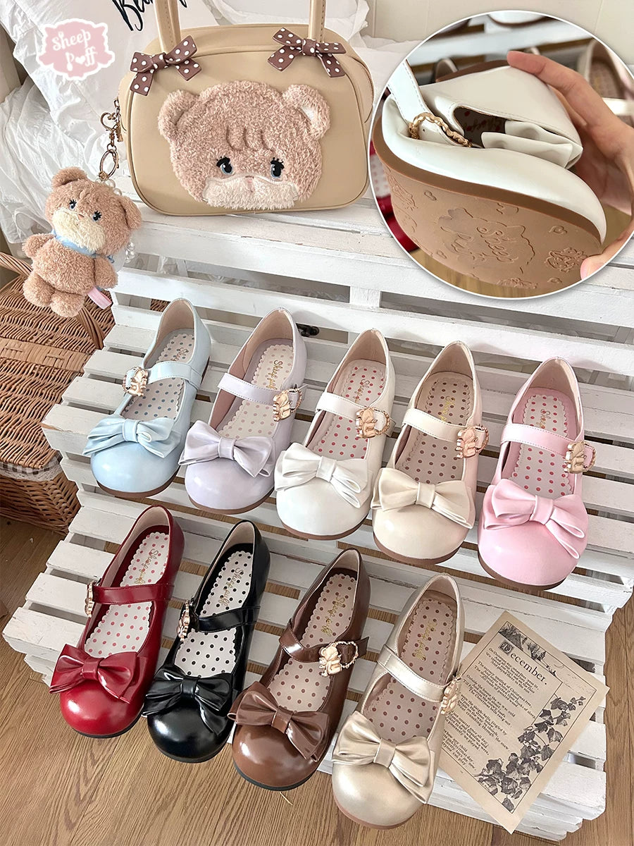 Sheep Puff soft sole hugging bear low heel Lolita shoes featuring cute bear design and plush details for a whimsical look.