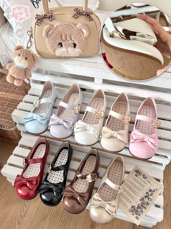 Sheep Puff soft sole hugging bear low heel Lolita shoes featuring cute bear design and plush details for a whimsical look.