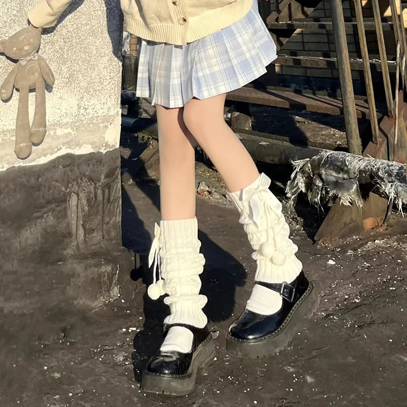 Floral Milk Cat - Pom-Pom Bow - Knit Leg Warmers with Bow and Pom-Pom Details