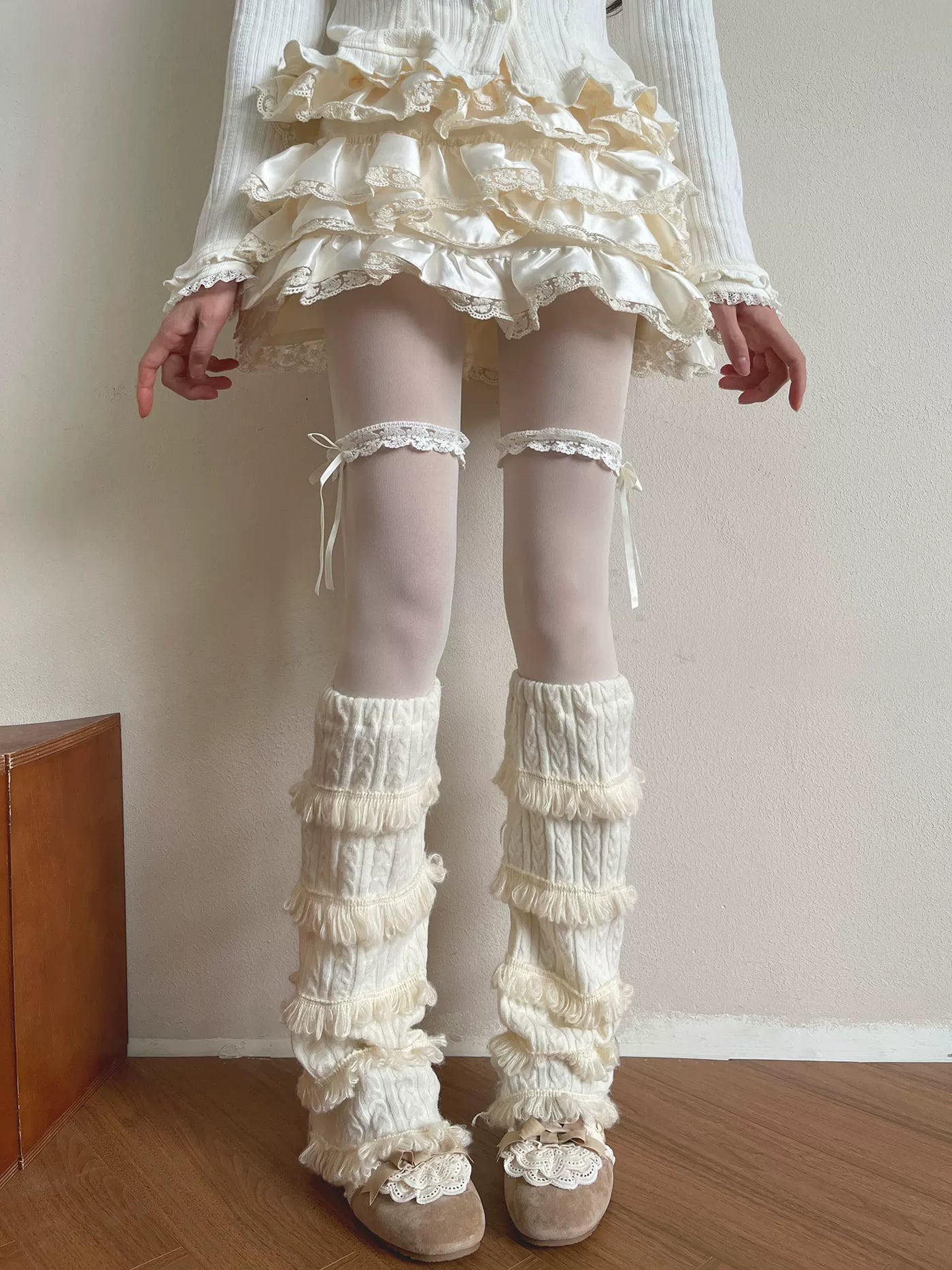 Sock Noble - Milk-White Layered Lace - Pantyhose and Sock Covers with Cable Texture