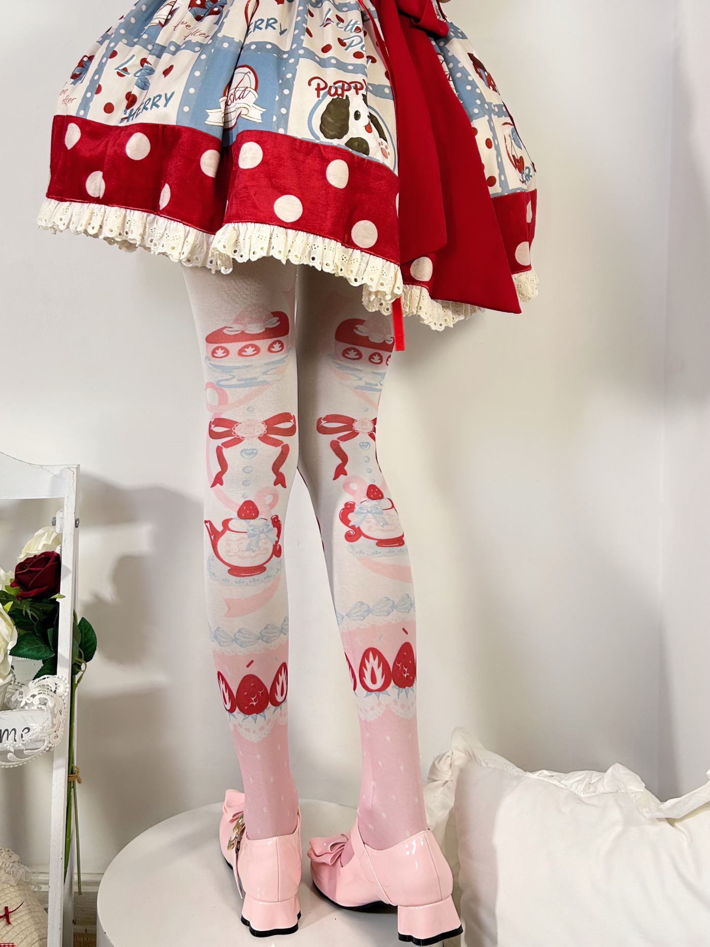 Fantasy Doll - Strawberry Cake - 60D Velvet Printed Pantyhose with Strawberry Motifs