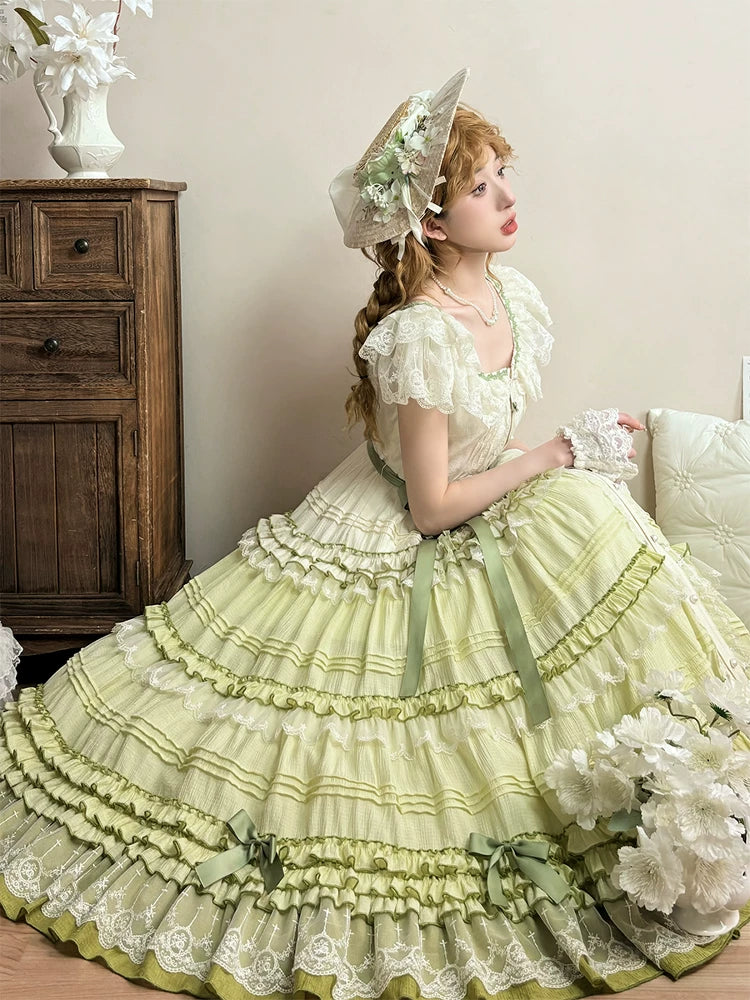 Carol Goddess Tasha's Garden sage green gradient lolita JSK front view