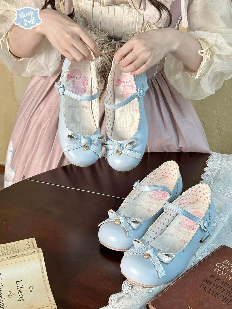 Sheep Puff Sweet Bean Lolita Shoes, white and pink shoes with bow accents, featuring a cute and whimsical design.