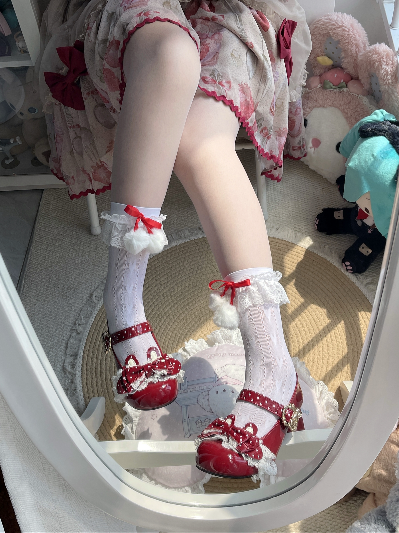 Fantasy Doll - Ribbon Pom-Pom - White Mid-Calf Socks with Lace Trim