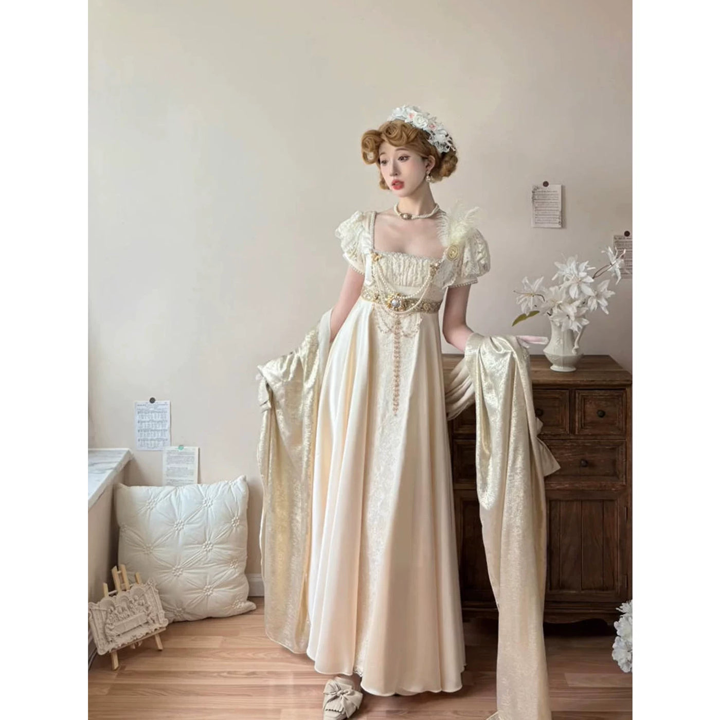 Creamy - Imperial Angel - Embossed Acetate Satin Dress and Stole Set with Puff Sleeves