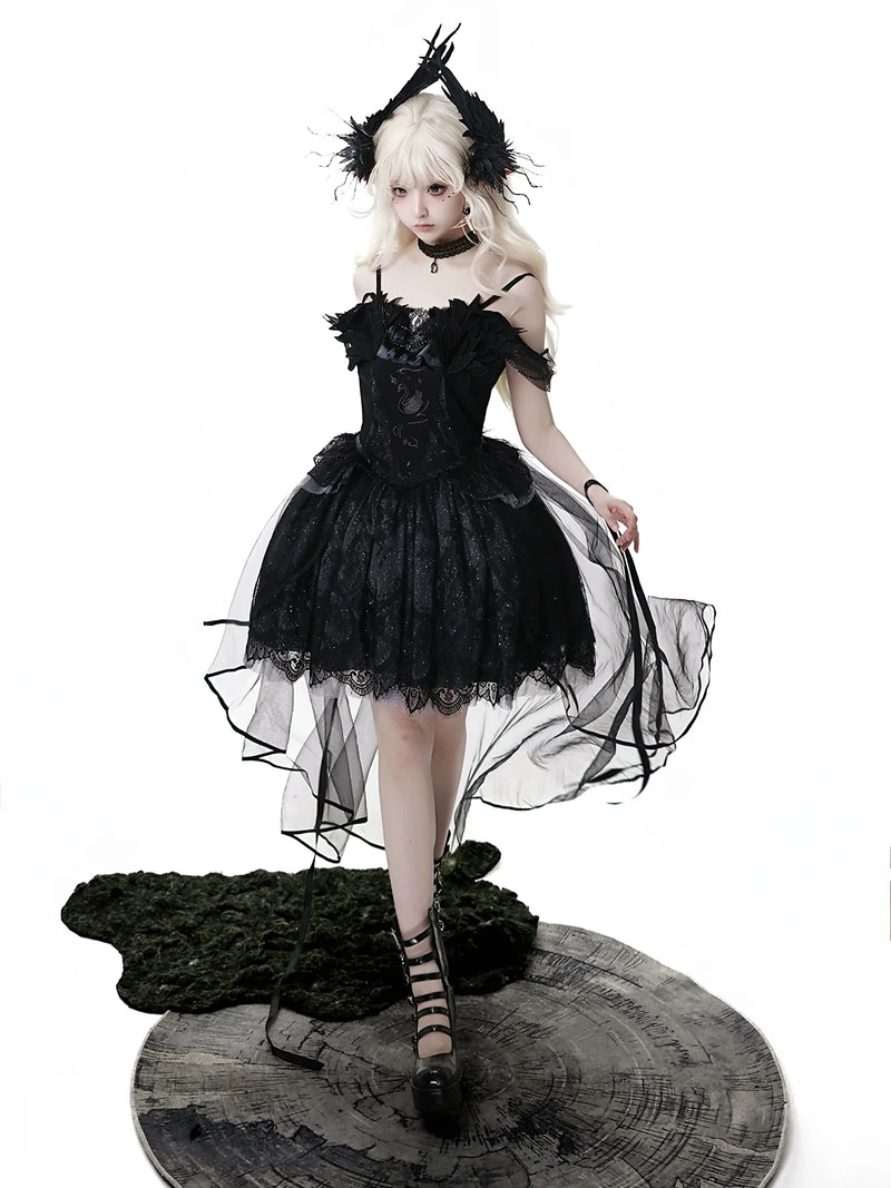 Your Princess - Star Swan Dream - Black Gothic Lolita JSK Dress, Swan Embroidery