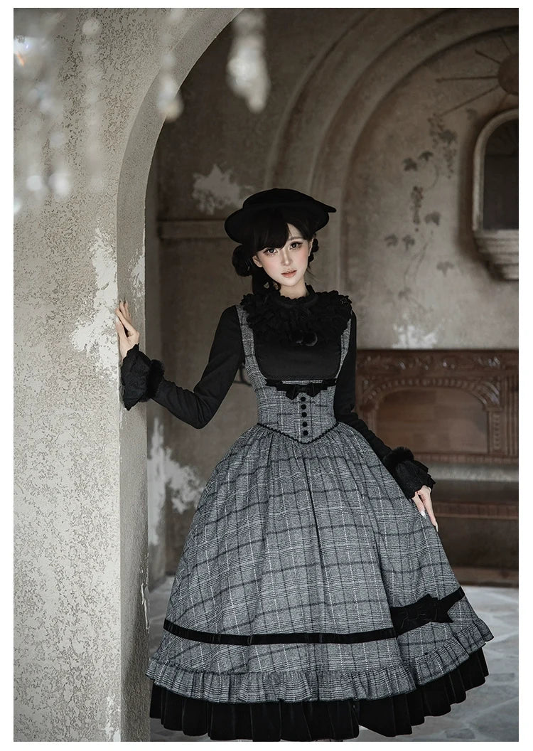 With PUJI - Yesterday's Epistle - Winter Classic Lolita Plaid Dress Set, Fishbone Waist