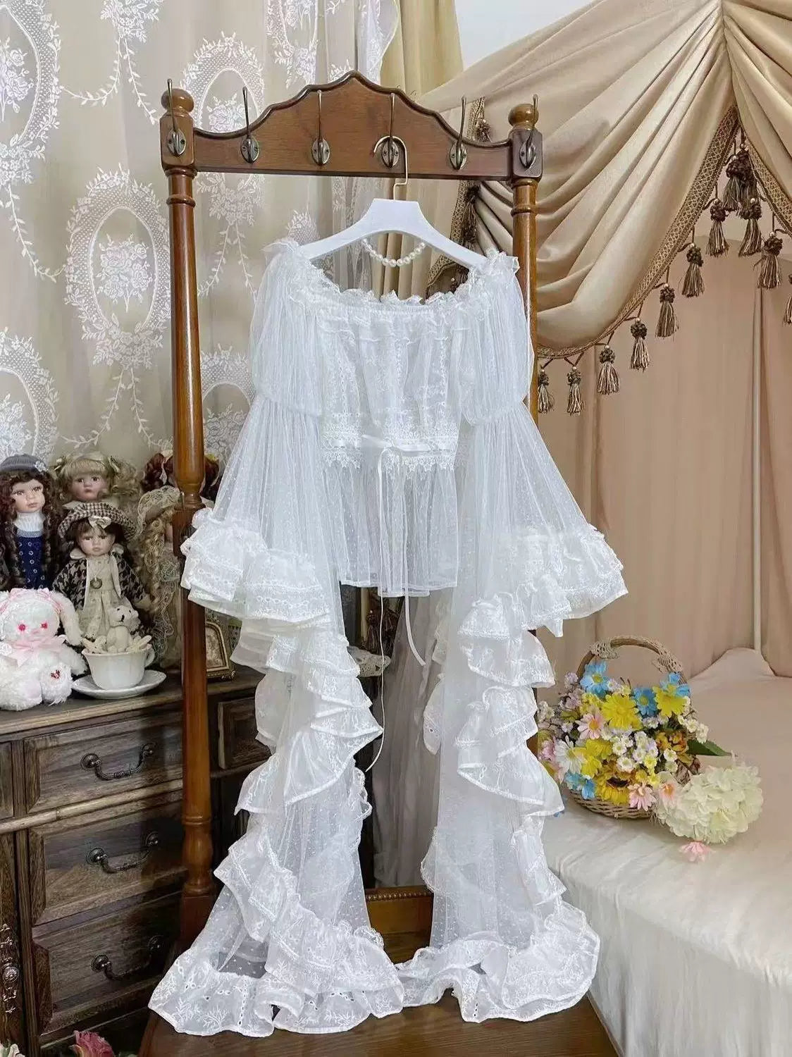 Sweetheart Dream Machine - Butterfly Wing - Off-shoulder Blouse with Sheer Dotted Mesh Sleeves