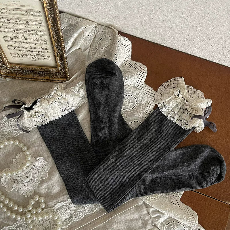 Sock Noble - Cream Lace Cake - Over-the-knee and mid-calf socks with layered lace bows