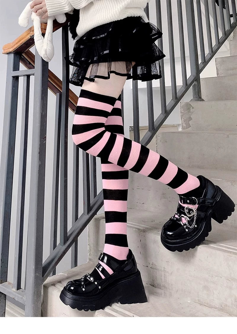 Floral Milk Cat - Graphic Stripe - Over-the-Knee Striped Socks