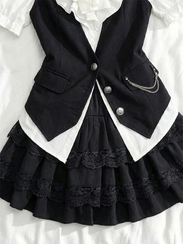 Creamy - Gothic Vintage - Three-Piece Set with a Ruffled White Blouse and Black Lace Skirt