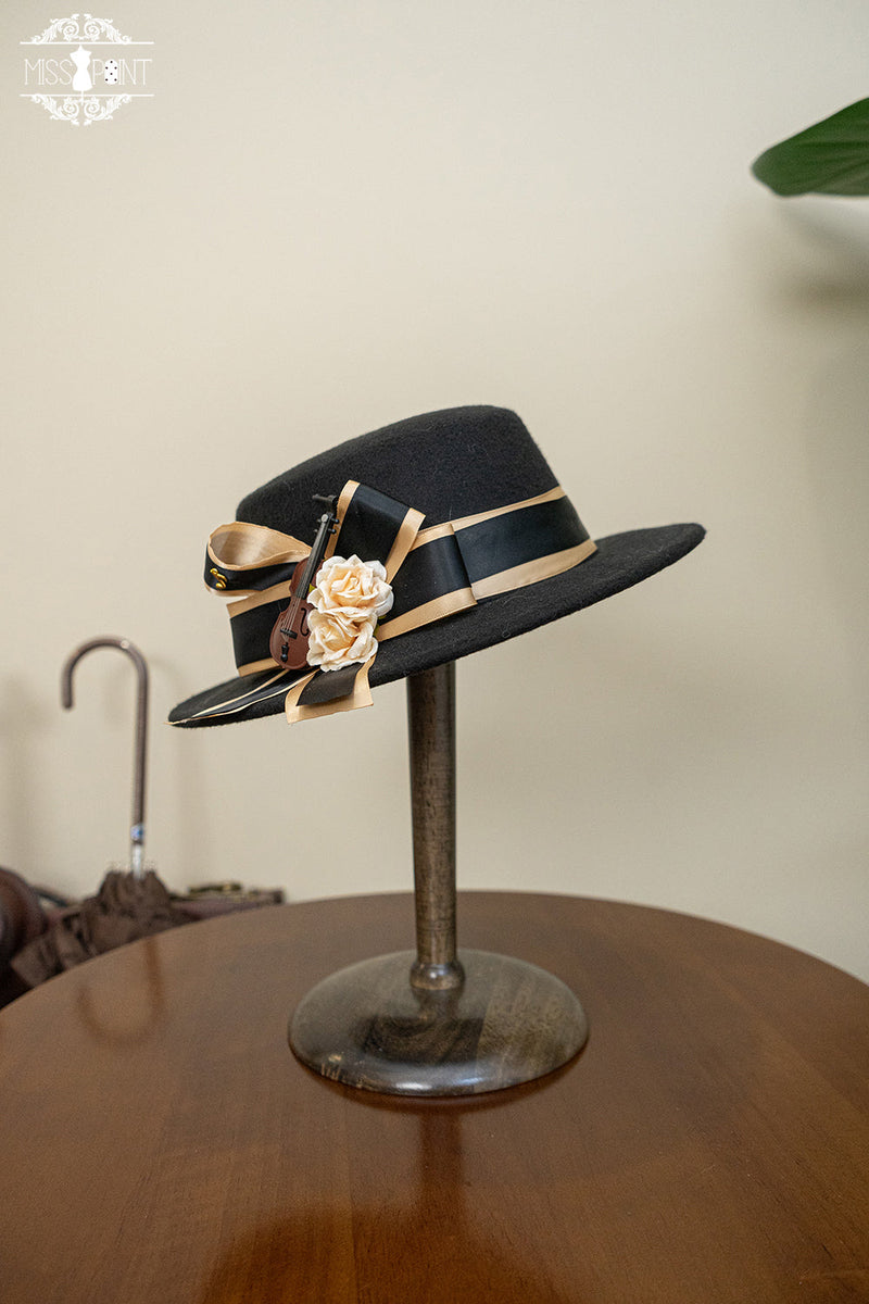 Elegant Lolita Top Hat - Golden Movement Lolita Hat Black large hat - black bow tie