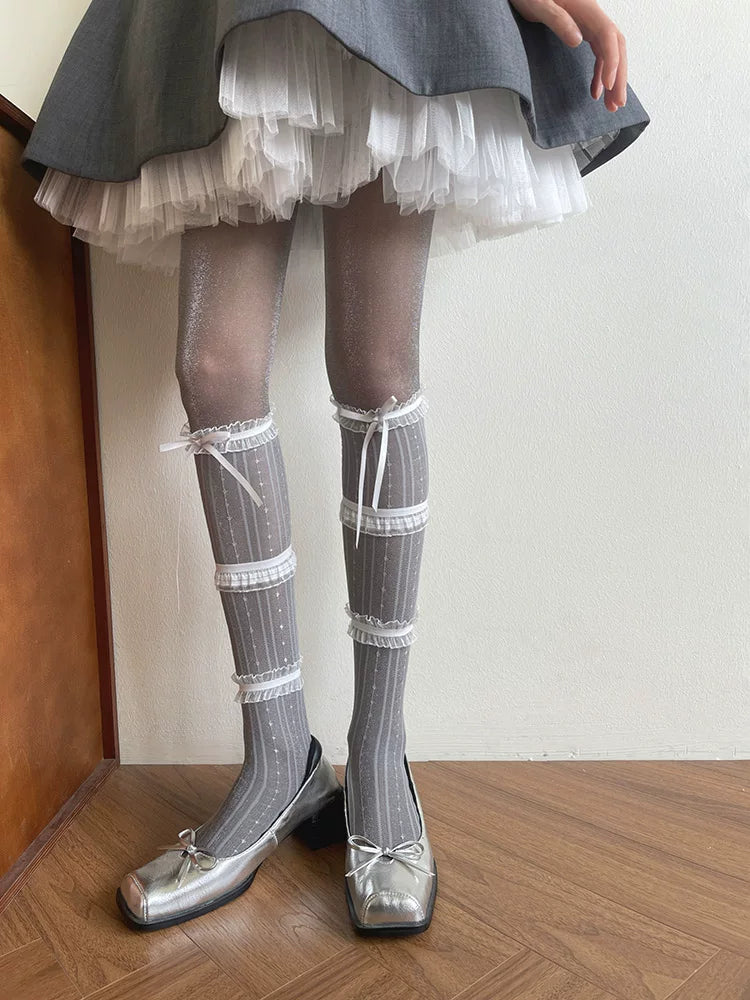 Sock Noble - Layered Ribbon - Shimmer Tights or Mid-Calf Socks with Three-Tier Lace Trim