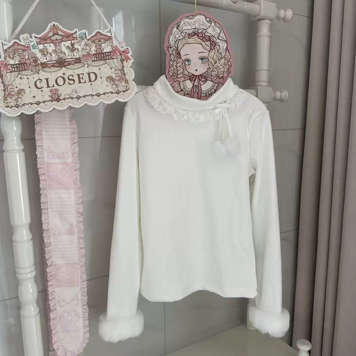 Sweetheart Dream Machine - Furry Cuff Lace Base Layer - Long-Sleeve Base Layer Top with Lace Collar