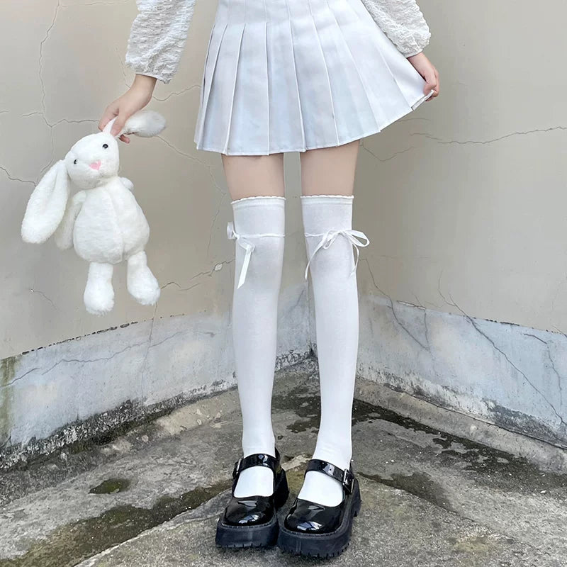 Floral Milk Cat - Ribbon Tie - Over-knee socks with side bows and long ties