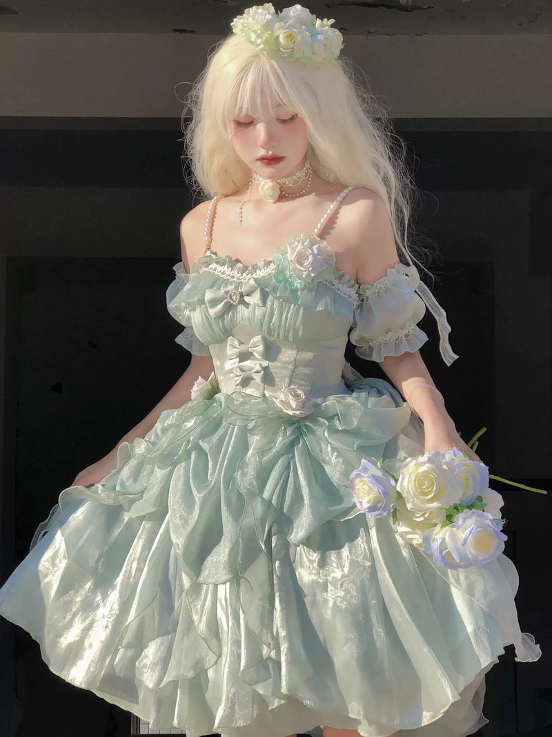 Creamy - Mint Garden Romance - Green JSK with Layered Ruffles and Floral Appliqués
