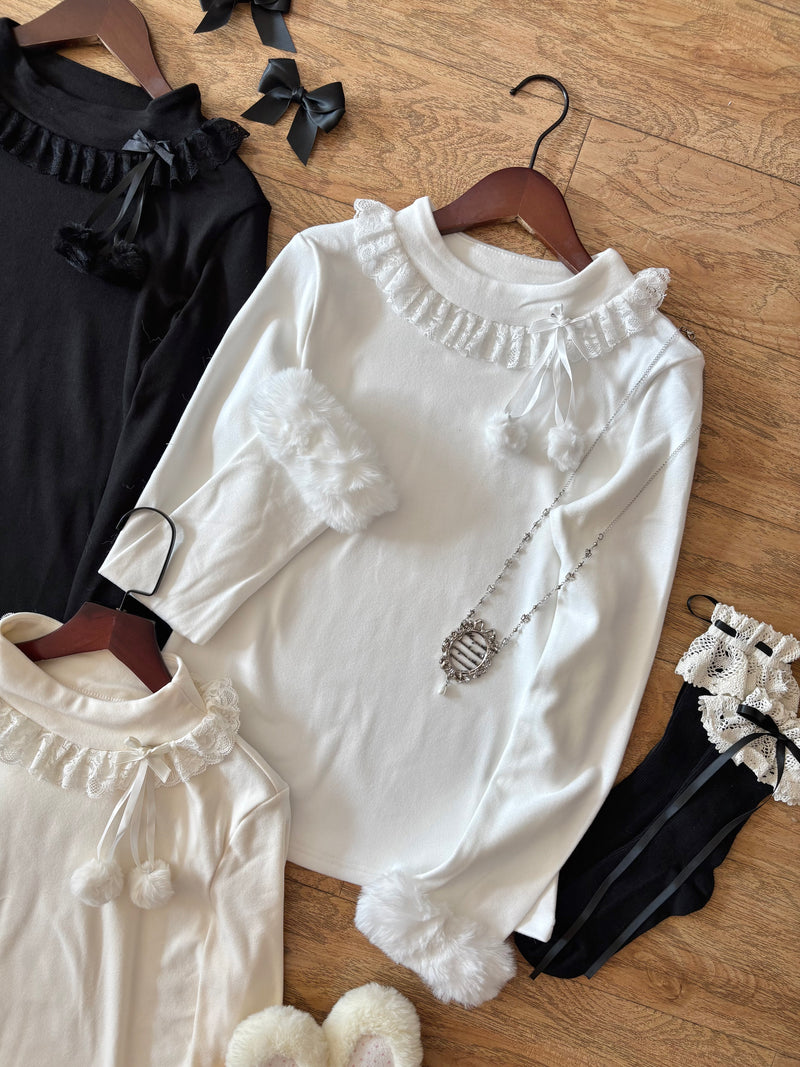 Cat Upon Cat Little Furball Thick Winter Layering Top — White - Plush Cuffs