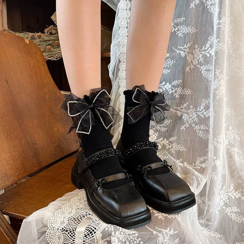 Sock Noble - Autumn Rhinestone Bow - Japanese School Mid-Calf Socks with Rhinestone-Trimmed Bows