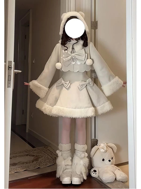 Pale Lolita OP dress and jacket set with oversized bows and plush trim