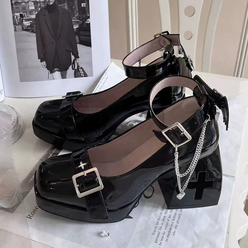 Bingo Lulu - Late Century Sweetheart - Punk Lolita High-Heeled Mary Jane Shoes with Cross-Shaped Heel Cutout - product detail 4
