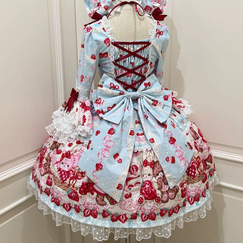 Tiantian - Strawberry - Long-Sleeved OP Dress with Lace Bows