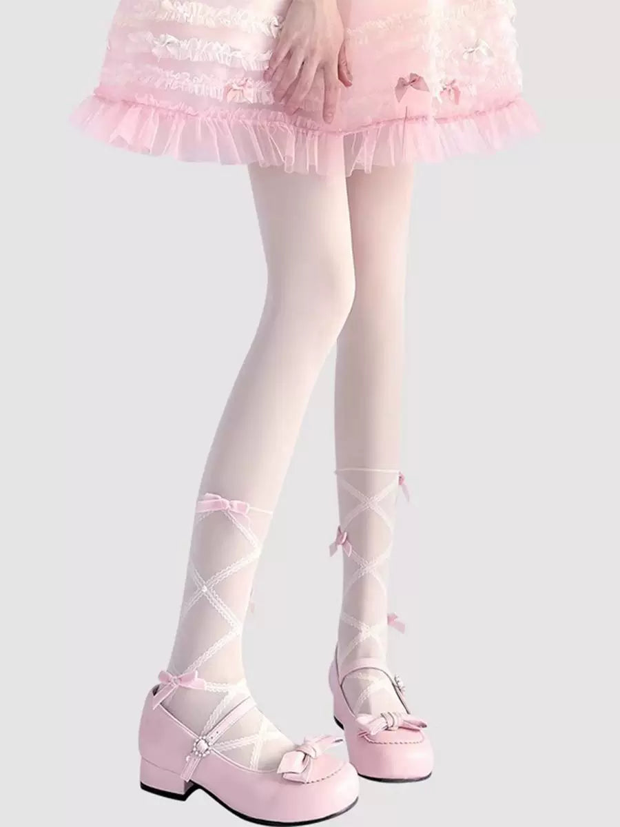 Fantasy Doll pink tights with crisscross bow details and pink Mary Jane shoes