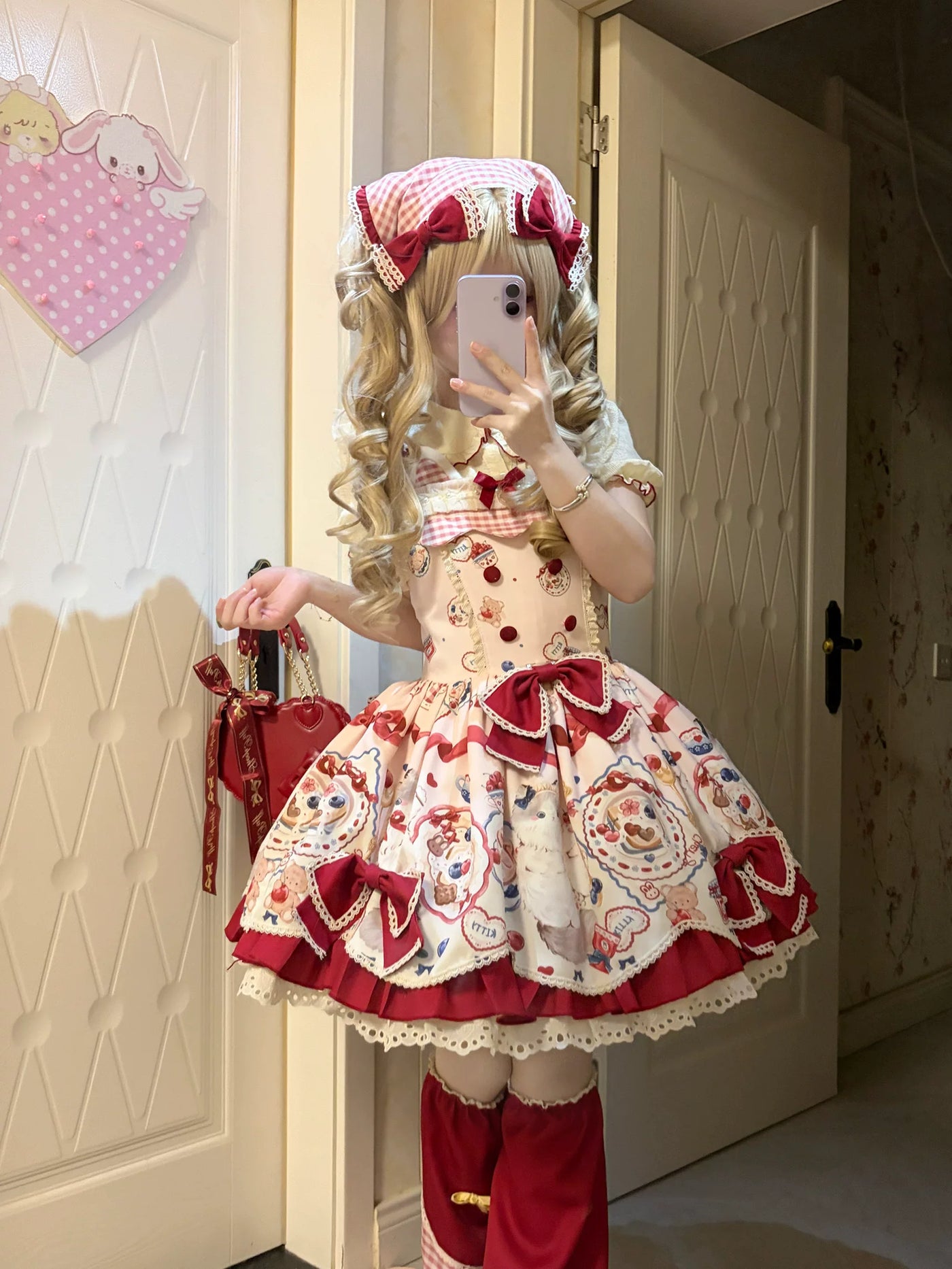 Fluffy Bunny Bubble Cake - Meow Meow Tea Party - Dessert-Print JSK Dress Set with Red Bows