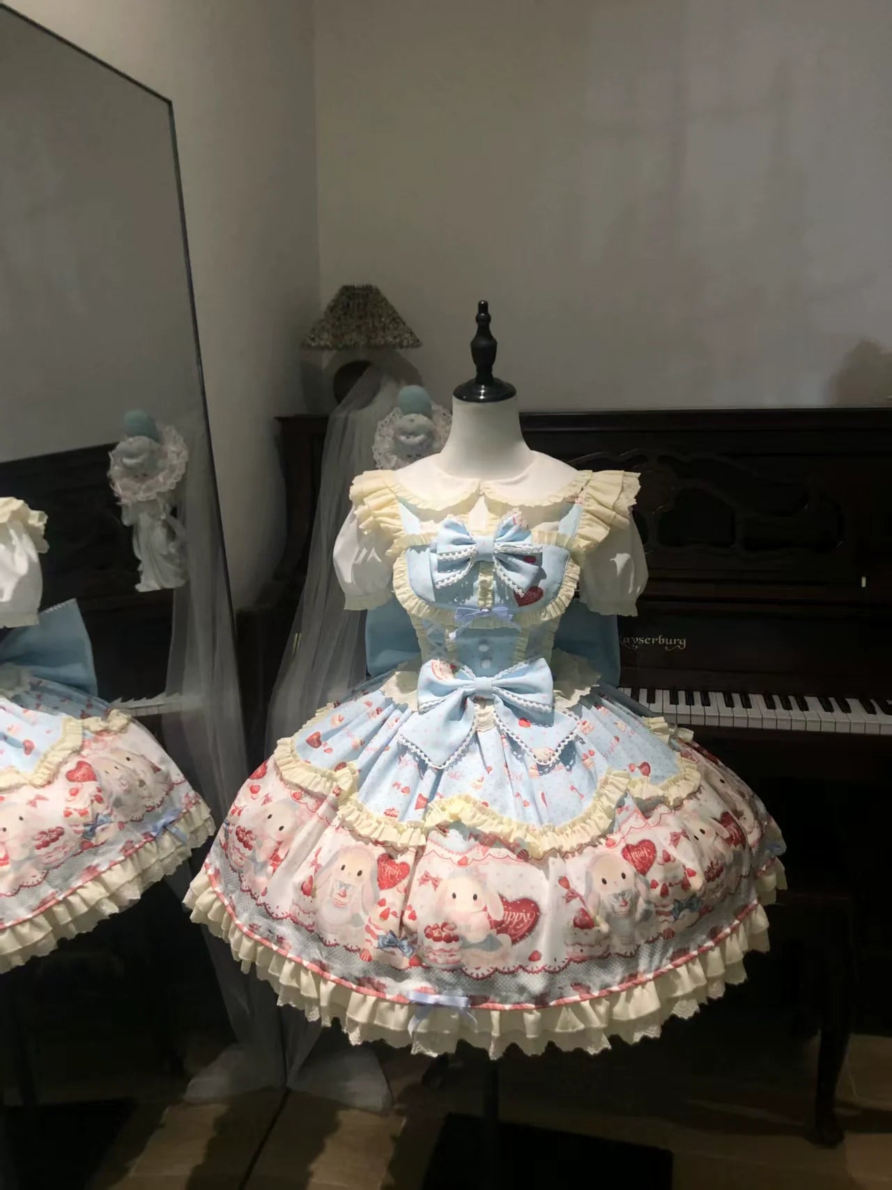 Bunny Party - Sweet Lolita JSK Dress, Cute Bunny & Cake Print Blue Full Set (JSK + Blouse + Back Trailing Bow) S