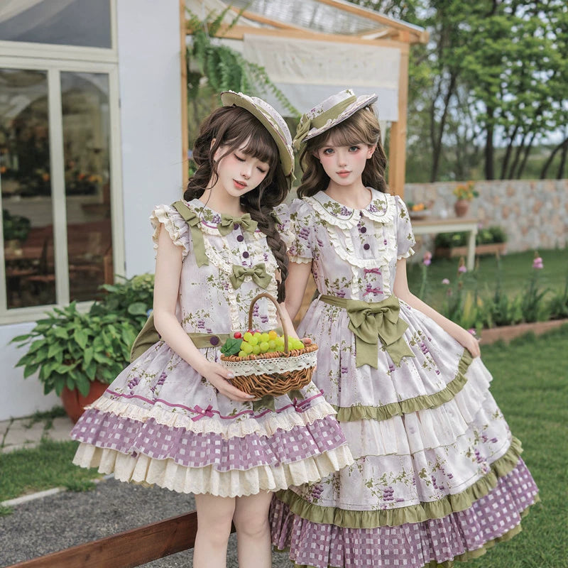 Lavender floral Lolita dress with olive bows and gingham hem panels